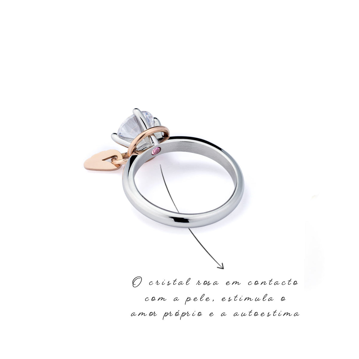 Silver ring with heart charm, featuring AN JEWELS JEWELRY Mod. AL.RLFY01-8 design with a rose crystal for self-love.