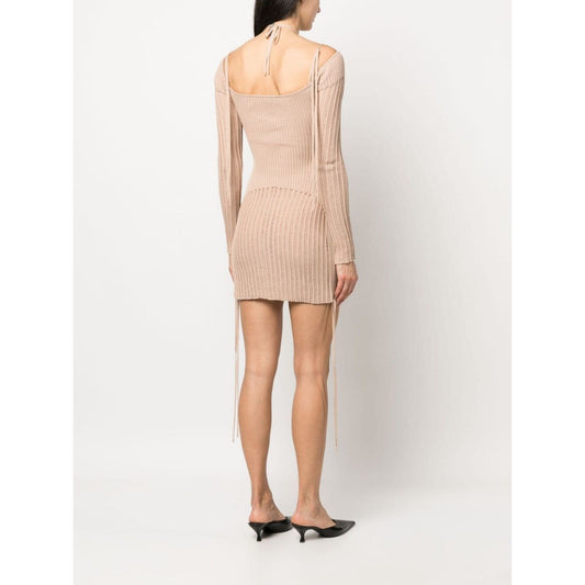 ANDREĀDAMO Andrea Adamo Dresses Beige ribbed-knit mini dress with cut-out detailing, halterneck tie, square open back, and long sleeves.