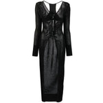 Black semi-sheer racerback knitted cardigan by ANDREĀDAMO Andrea Adamo Sweaters Black, featuring ribbed detailing and long sleeves.