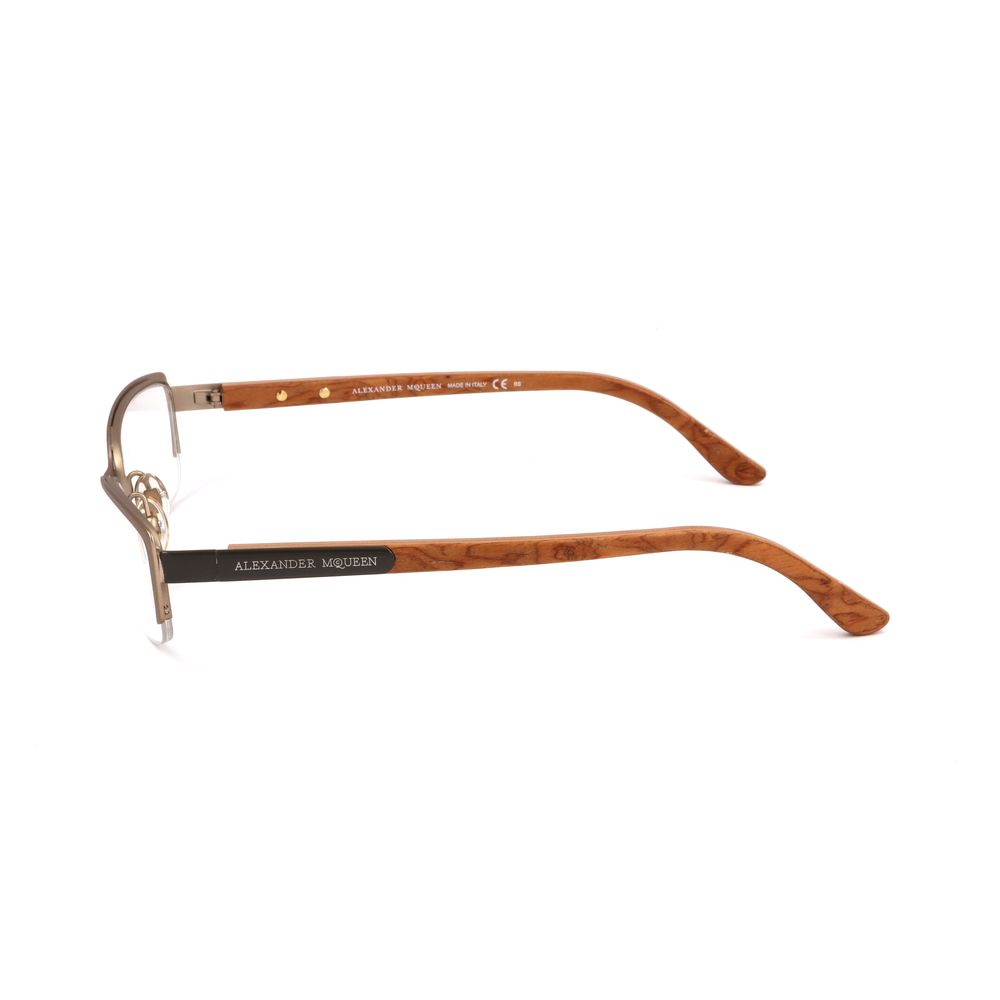 Side view of Alexander McQueen Brown Metal Frames with semi-matte finish and intricate temple design, model AMQ4183WCX.