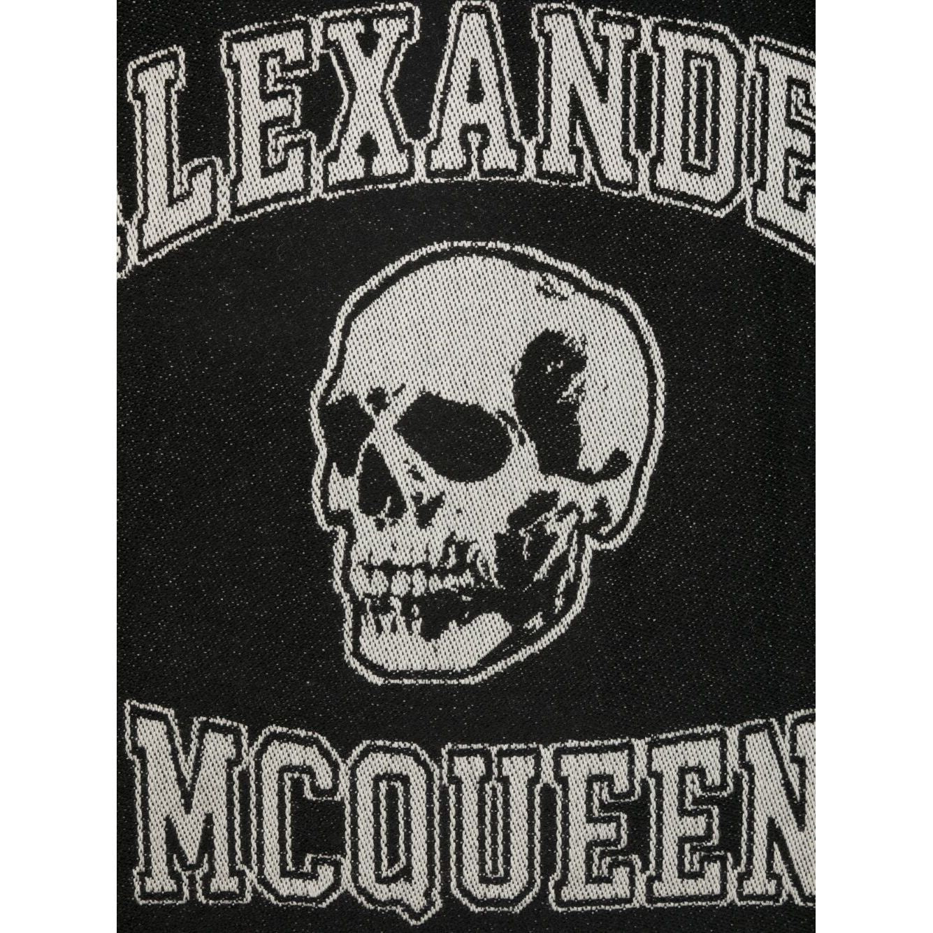 Close-up of Alexander McQueen Logo wool scarf featuring skull print and logo details in black wool.