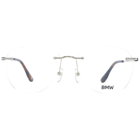 BMW Gold Men Glasses Frame, rimless titanium design in gold, featuring panto style with demo lenses. Includes branded case.