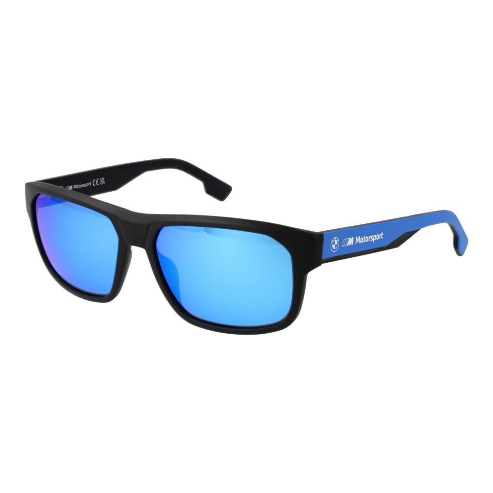 BMW Motorsport Black Men Sunglass with blue mirrored lenses, full-rim black plastic frame, rectangle style, 100% UVA & UVB protection.
