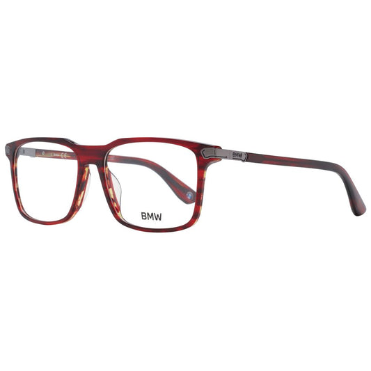 BMW Red Men Glasses Frame, full-rim plastic rectangle in red, size 55-16-145, includes branded case, demo lenses.
