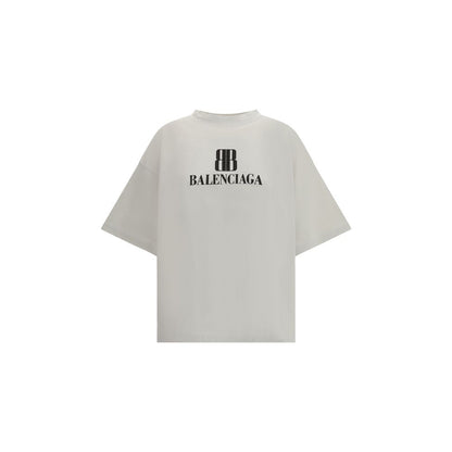 Balenciaga Gray Cotton T-Shirt with logo, oversized fit, ribbed crew neck, dropped shoulders, AW25 season, urban casual style.