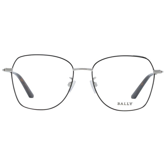 Bally Black Women Glasses Frame, full-rim square design, black plastic frame, demo lenses, size 53-16-145, includes branded case.