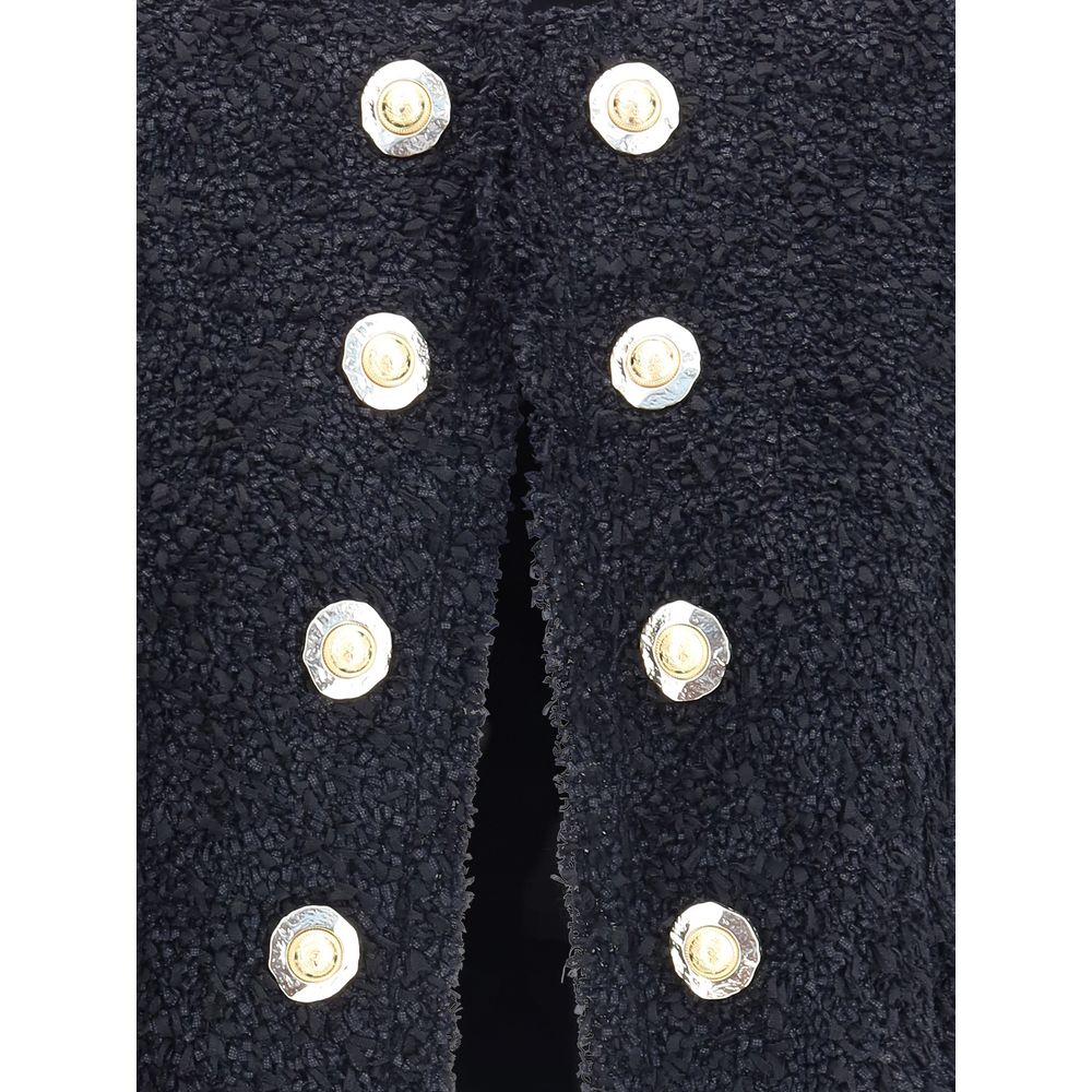 Close-up of Balmain Black Polyamide Coat with gold coin buttons