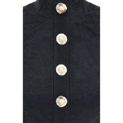 Close-up of Balmain Black Viscose Top with baroque pattern and decorative gold buttons, showing the detailed craftsmanship and design.