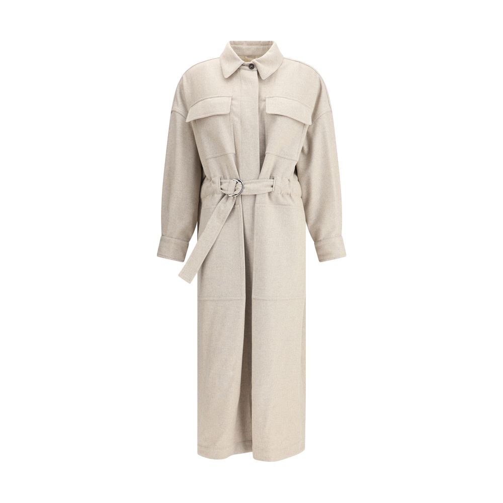 Brunello Cucinelli Beige Wool Coat with front button closure and adjustable waistband, featuring flap patch chest and side pockets.