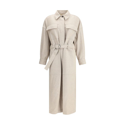 Brunello Cucinelli Beige Wool Coat with front button closure and adjustable waistband, featuring flap patch chest and side pockets.