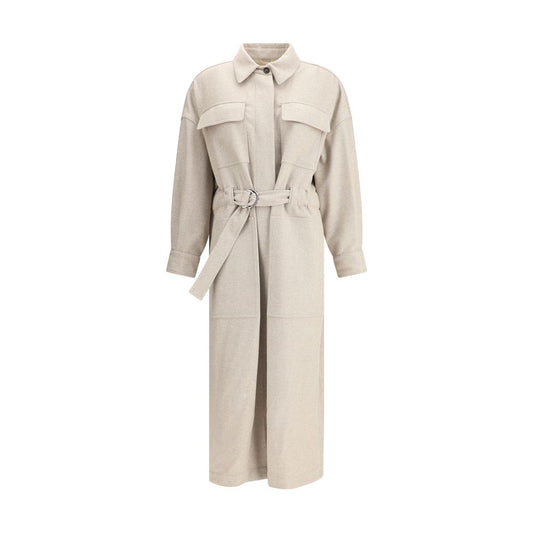 Brunello Cucinelli Beige Wool Coat with front button closure and adjustable waistband, featuring flap patch chest and side pockets.