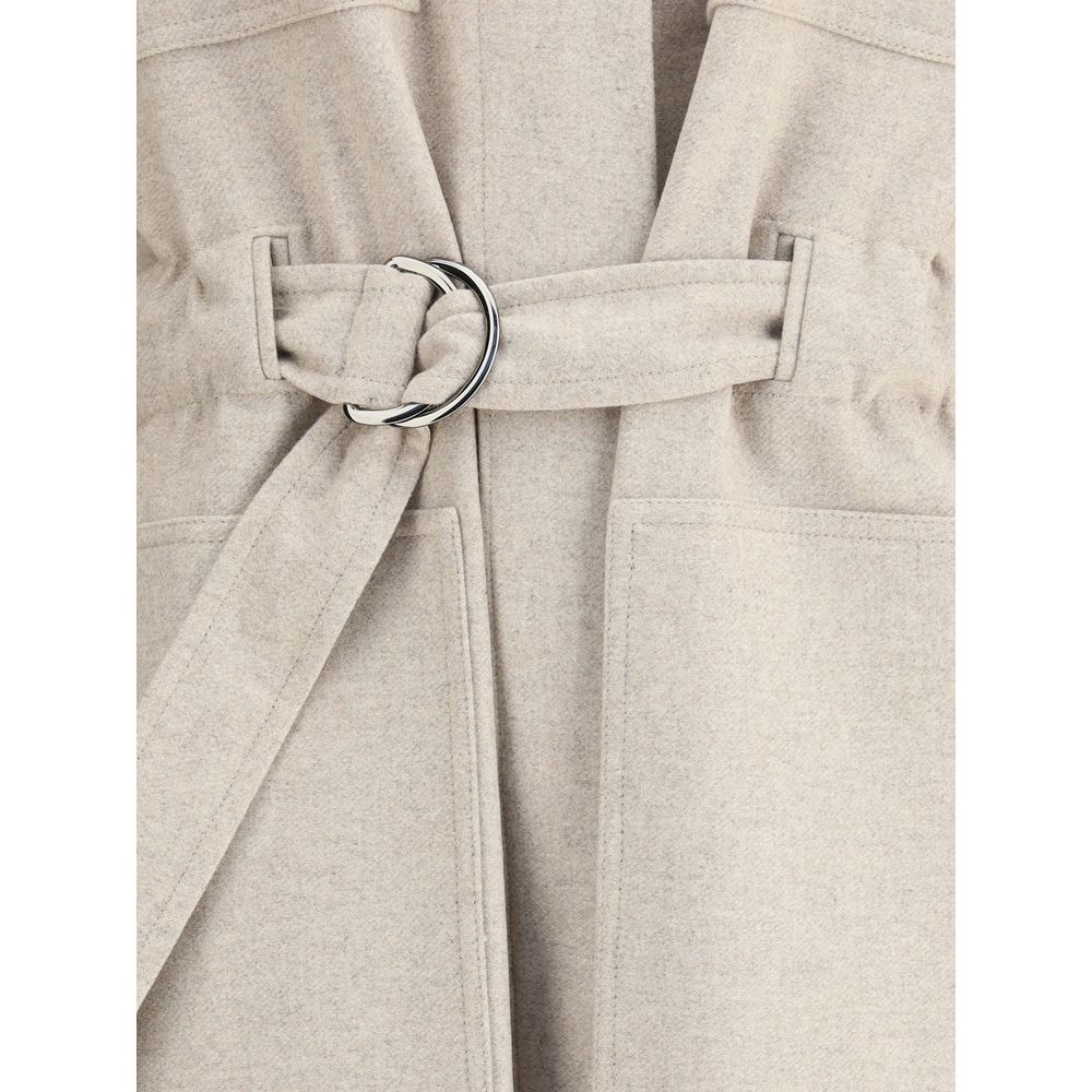 Close-up of Brunello Cucinelli Beige Wool Coat showcasing adjustable waistband and patch pockets