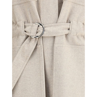 Close-up of Brunello Cucinelli Beige Wool Coat showcasing adjustable waistband and patch pockets