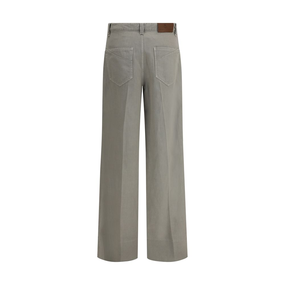 Back view of Brunello Cucinelli Bicolor Cotton Relaxed Fit Jeans with wide-leg design and logo patch.