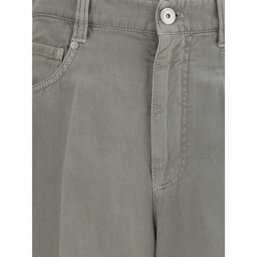 Close-up of Brunello Cucinelli Bicolor Cotton Relaxed Fit Jeans showcasing front zipper and five-pocket style.