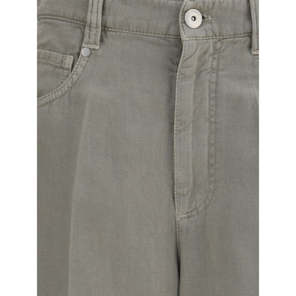 Close-up of Brunello Cucinelli Bicolor Cotton Relaxed Fit Jeans showcasing front zipper and five-pocket style.