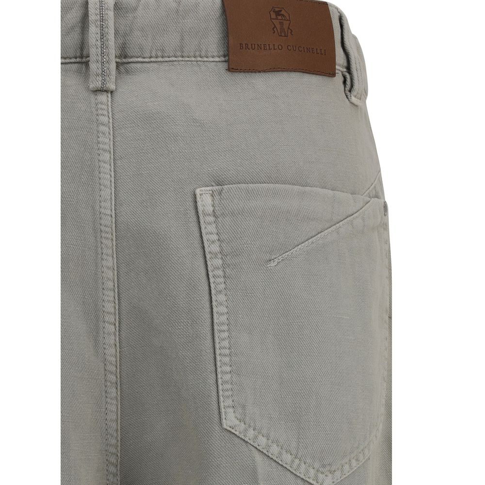 Brunello Cucinelli Bicolor Cotton Relaxed Fit Jeans back pocket detail with logo patch and belt loops.