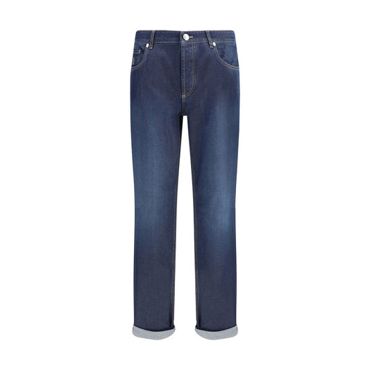 Brunello Cucinelli Blue Cotton Relaxed Fit Jeans with classic five-pocket style and turn-up hem, perfect for SS25 casual elegance.