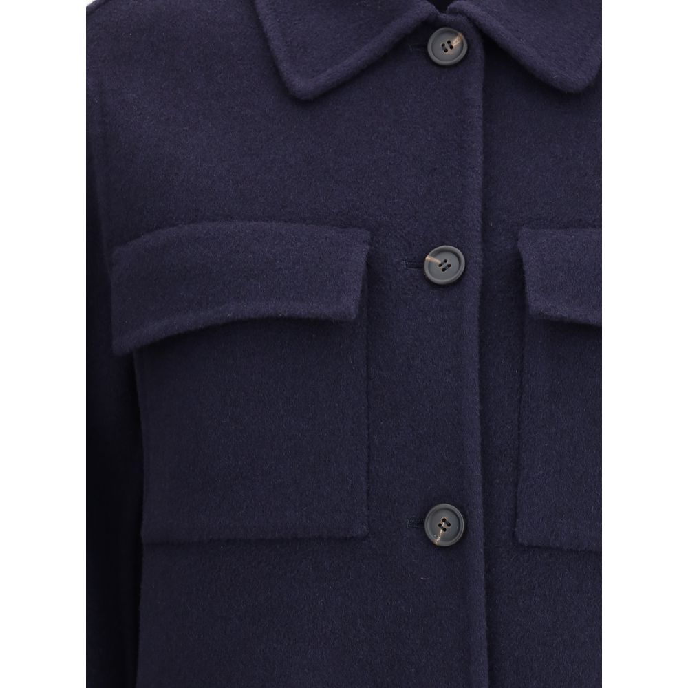 Brunello Cucinelli Blue Fleece Wool Coat with classic collar and button closure, featuring two front patch flap pockets for sophisticated style.