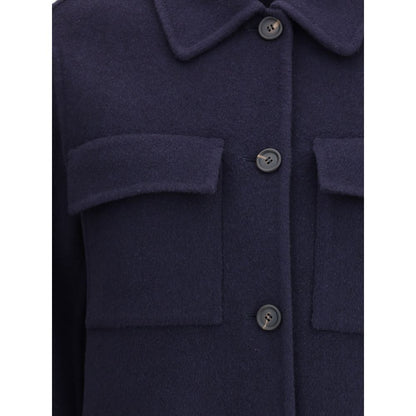 Brunello Cucinelli Blue Fleece Wool Coat with classic collar and button closure, featuring two front patch flap pockets for sophisticated style.