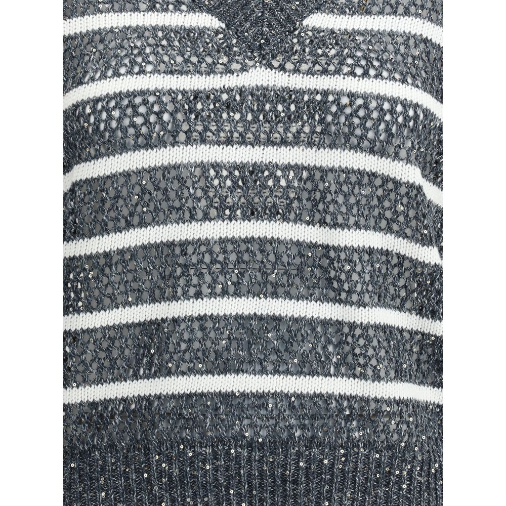 Brunello Cucinelli Blue Linen Sleeveles Sweater Brunello Cucinelli