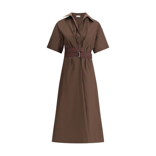 Alt Tag: Brunello Cucinelli Brown Cotton Casual Dress with short wide sleeves and classic collar.