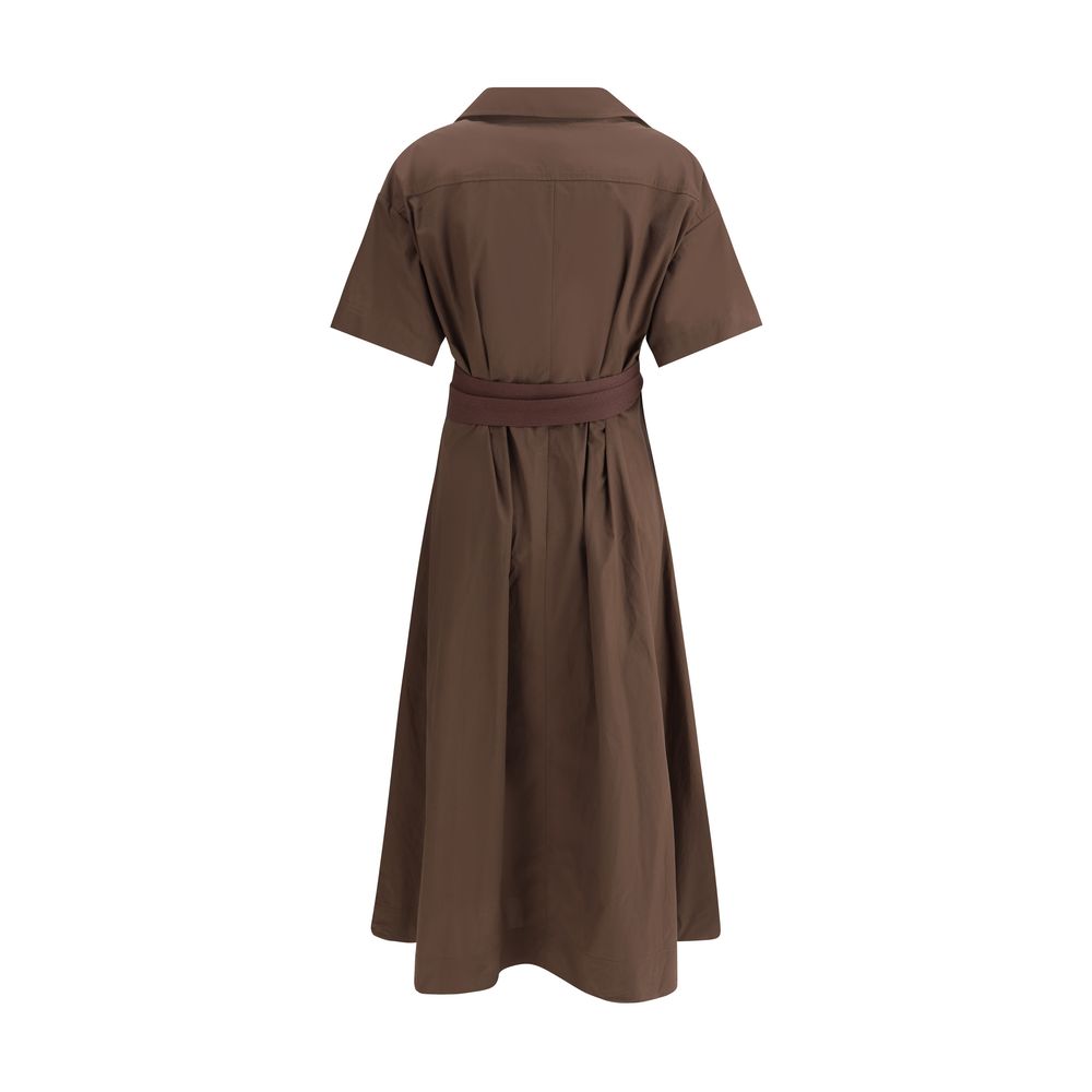 Brunello Cucinelli Brown Cotton Casual Dress with short sleeves, classic collar, and fabric belt, viewed from the back.