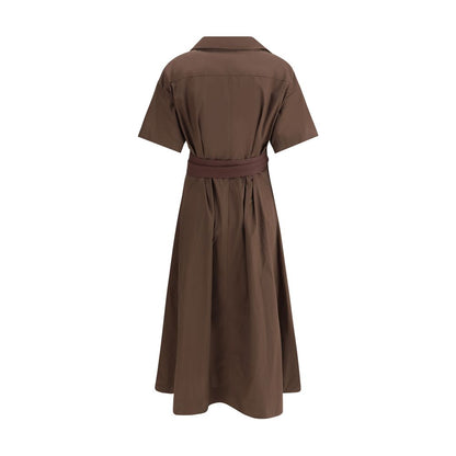 Brunello Cucinelli Brown Cotton Casual Dress with short sleeves, classic collar, and fabric belt, viewed from the back.
