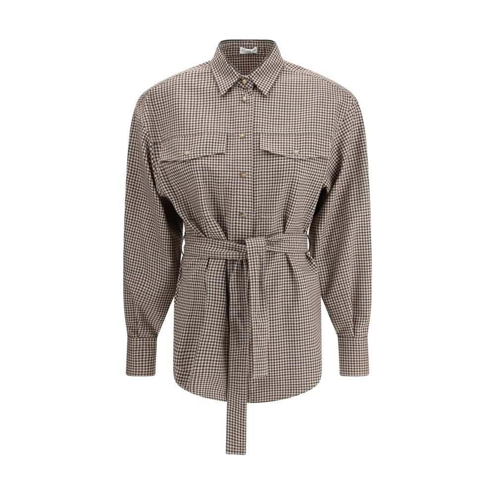 Brunello Cucinelli Brown Fleece Wool Pattern Shirt with checked design and removable belt for elegant style.