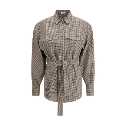 Brunello Cucinelli Brown Fleece Wool Pattern Shirt with checked design and removable belt for elegant style.