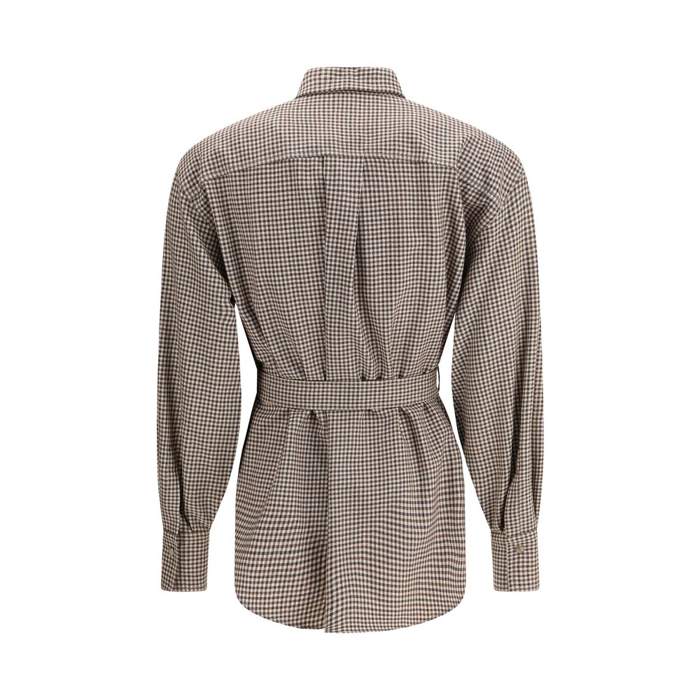 Back view of Brunello Cucinelli Brown Fleece Wool Pattern Shirt with check design and removable belt for elegant styling.