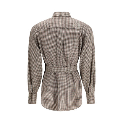 Back view of Brunello Cucinelli Brown Fleece Wool Pattern Shirt with check design and removable belt for elegant styling.