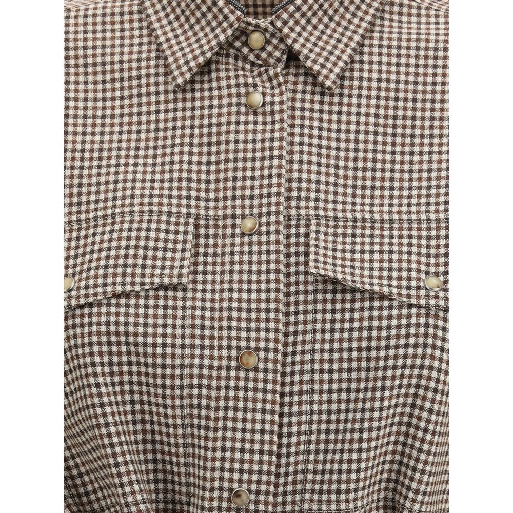 Brunello Cucinelli Brown Fleece Wool Pattern Shirt with checkered design, showcasing buttons and collar close-up.