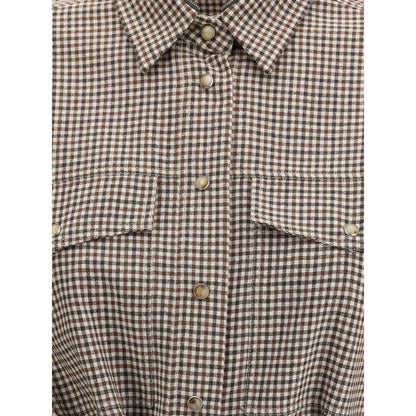 Brunello Cucinelli Brown Fleece Wool Pattern Shirt with checkered design, showcasing buttons and collar close-up.