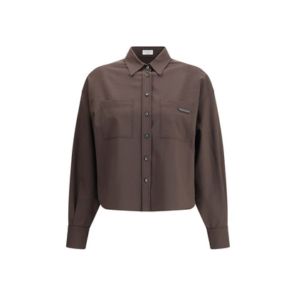 Brunello Cucinelli Brown Fleece Wool Shirt with classic collar and jewel-embellished patch pockets, showcasing elegance and modern style.