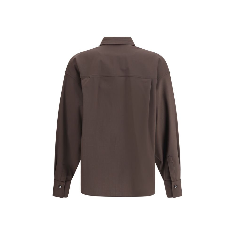 Back view of Brunello Cucinelli Brown Fleece Wool Shirt with classic collar, button cuffs, and elegant design.