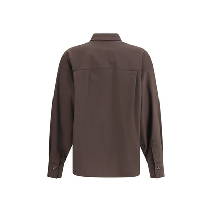Back view of Brunello Cucinelli Brown Fleece Wool Shirt with classic collar, button cuffs, and elegant design.