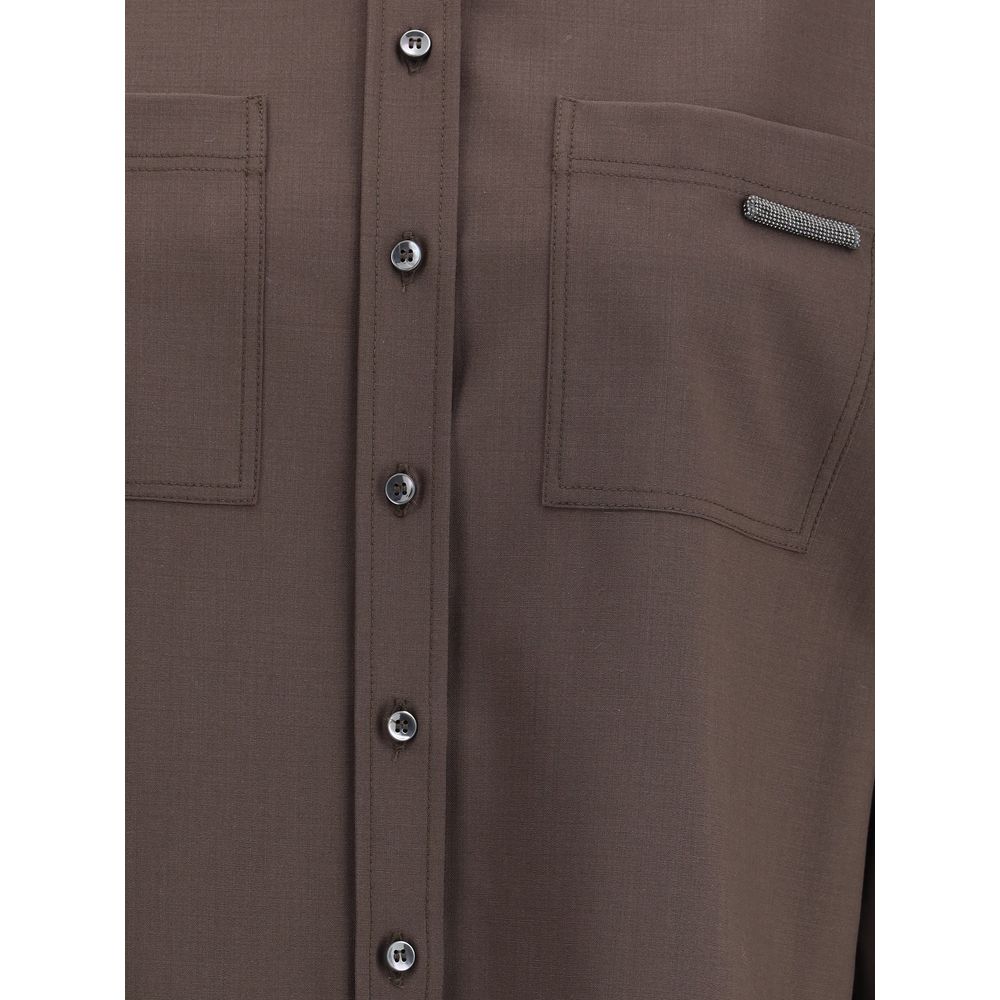 Detailed view of Brunello Cucinelli Brown Fleece Wool Shirt with jewel-embellished patch pockets and button closure.