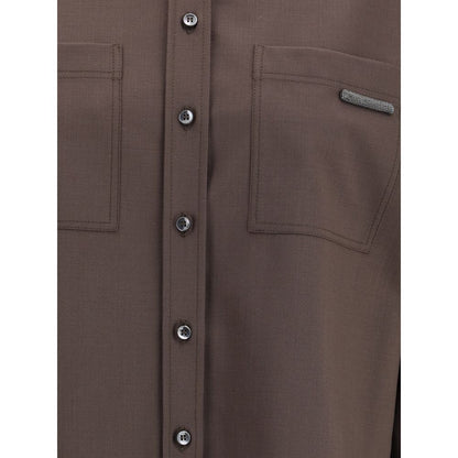 Detailed view of Brunello Cucinelli Brown Fleece Wool Shirt with jewel-embellished patch pockets and button closure.