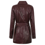 Brunello Cucinelli Jackets Bordeaux - back view of long sleeve leather jacket with pointed collar, button fastening, and waist belt.