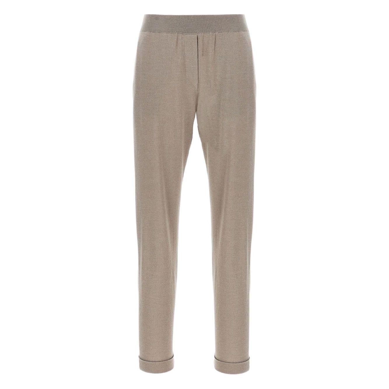 Brunello Cucinelli Lurex-detail trousers, taupe grey with elasticised waistband and cuffed hems, tapered wool-silk blend.