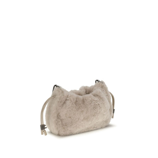 Brunello Cucinelli Mellow mini shearling Shoulder Bag with drawstring and leather lining, elegant and soft design on white background.