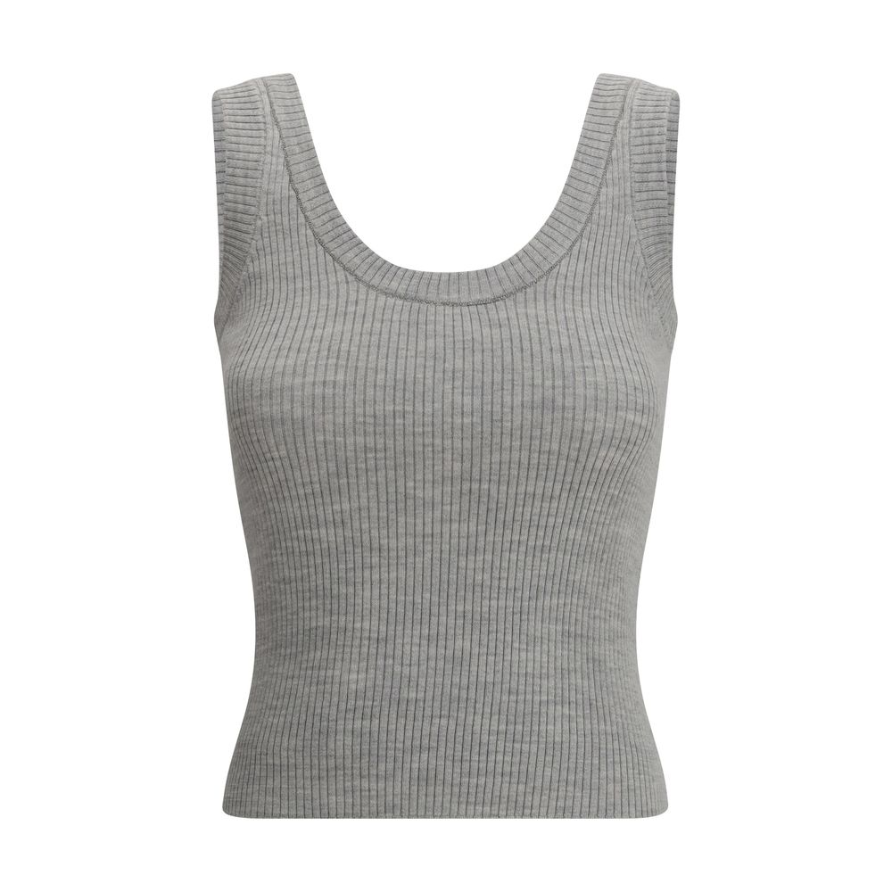 Brunello Cucinelli Ribbed tank Top in gray mélange pattern, featuring a round neckline, perfect for layering, made of fleece wool and Kashmir.