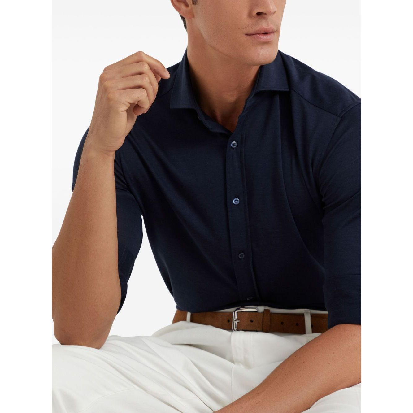 Elegant Brunello Cucinelli Shirts Blue in silk and cotton blend with long sleeves, buttoned cuffs, and front fastening, straight hem design.