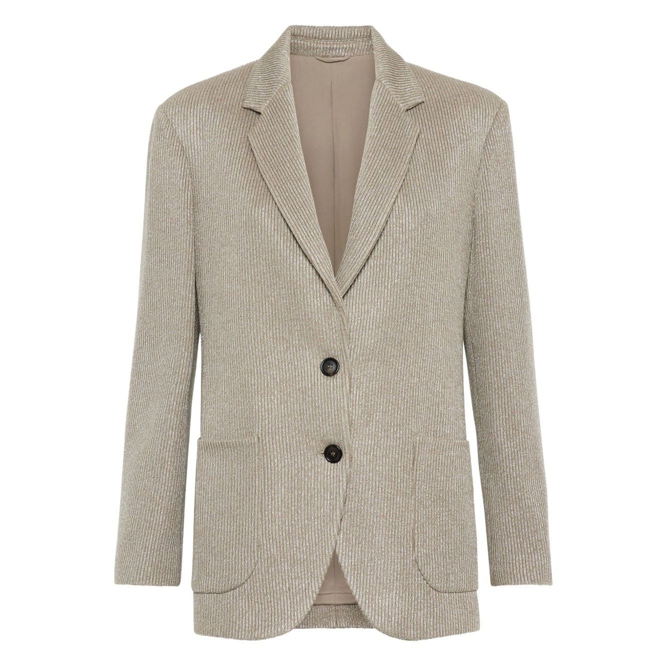 Brunello Cucinelli Sparkling cotton and viscose English rib knit blazer with monili in sesame beige with notched lapels and patch pockets