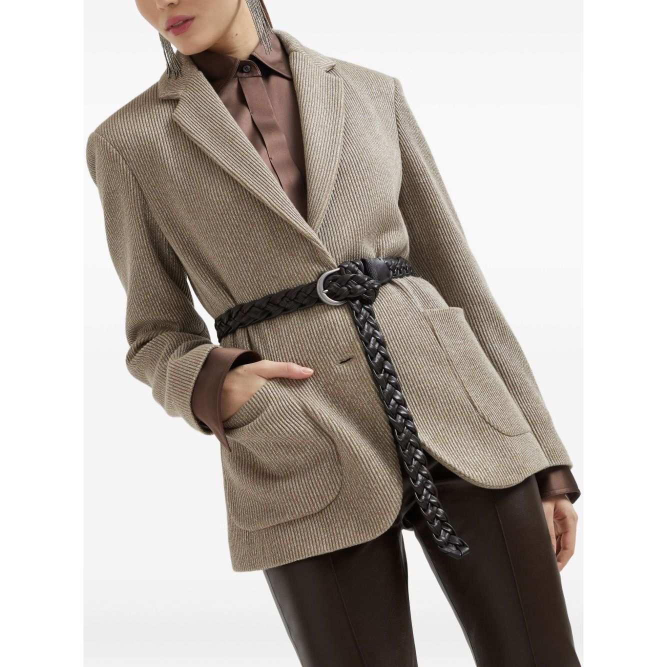 Model wearing Brunello Cucinelli Sparkling cotton and viscose English rib knit blazer with monili, sesame beige, patch pockets, long sleeves.