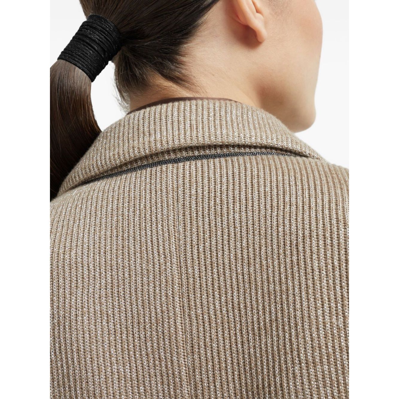 Back view of Brunello Cucinelli Sparkling cotton and viscose English rib knit blazer with monili, showcasing sesame beige fabric detail.