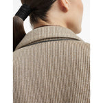 Back view of Brunello Cucinelli Sparkling cotton and viscose English rib knit blazer with monili, showcasing sesame beige fabric detail.