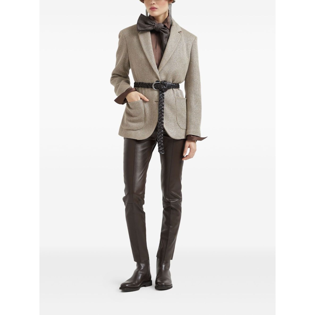 Brunello Cucinelli Sparkling cotton and viscose English rib knit blazer with monili in sesame beige, styled with leather pants.