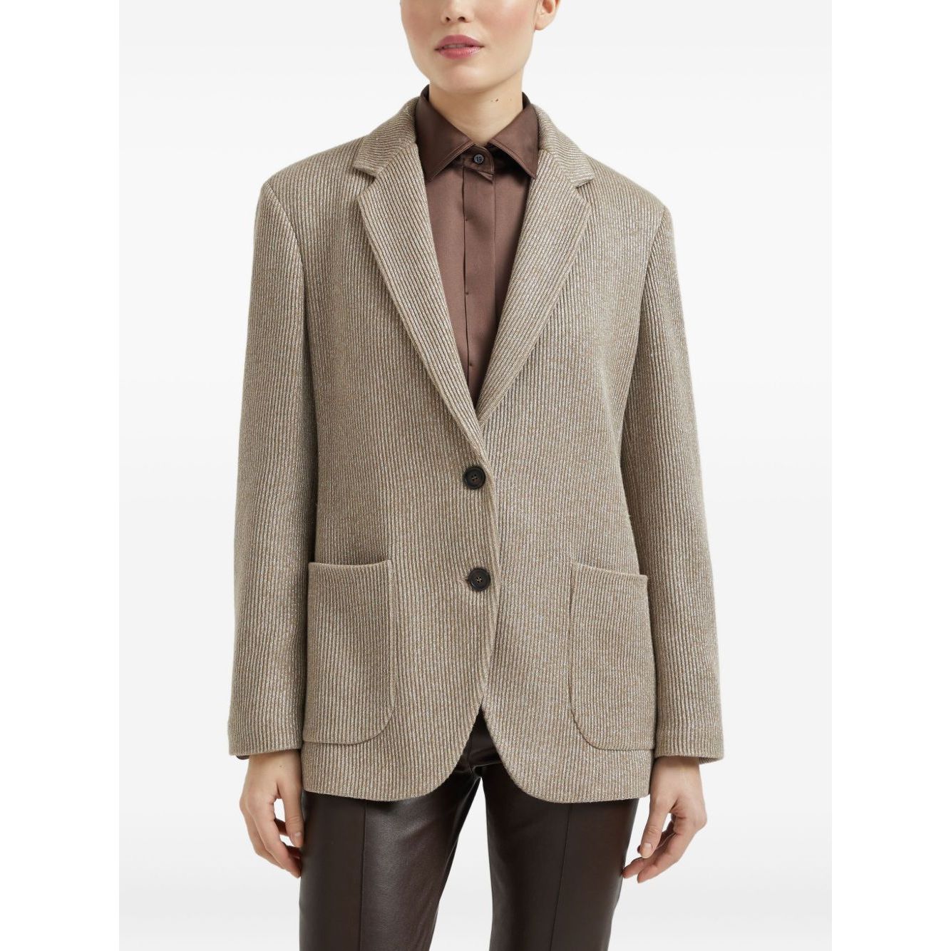 Model wearing Brunello Cucinelli Sparkling cotton and viscose English rib knit blazer with monili, sesame beige, front view.